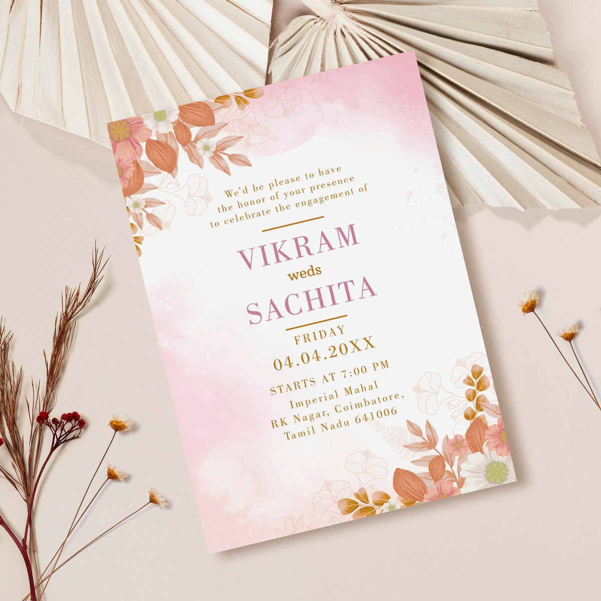 Watercolour Pink Palette Wedding Invitation Template, Printable Invitation, Evite, Digital Wedding Invite, Edit yourself, Corjl – WI0007