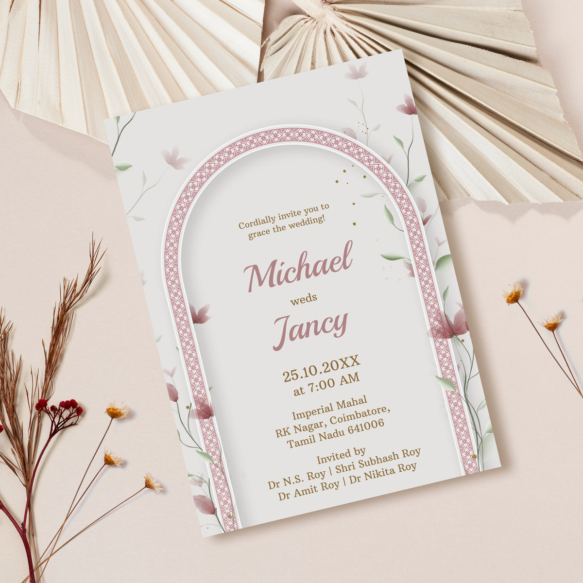 Elegant Arch Wedding Invitation Template, Printable Invitation, Evite, Pink, Green, Digital Wedding Invite, Edit yourself, Corjl – WI0009