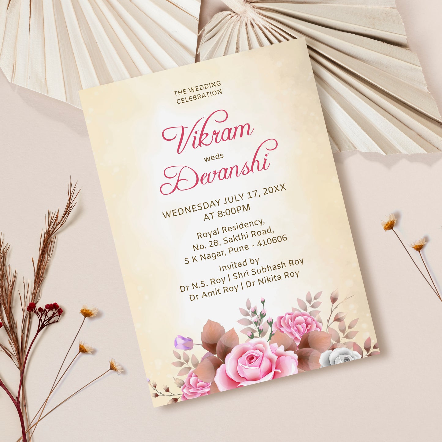 Watercolour Pink Wedding Invitation Template, Printable Invitation, Evite, Digital Wedding Invite, Edit yourself, Corjl – WI0029