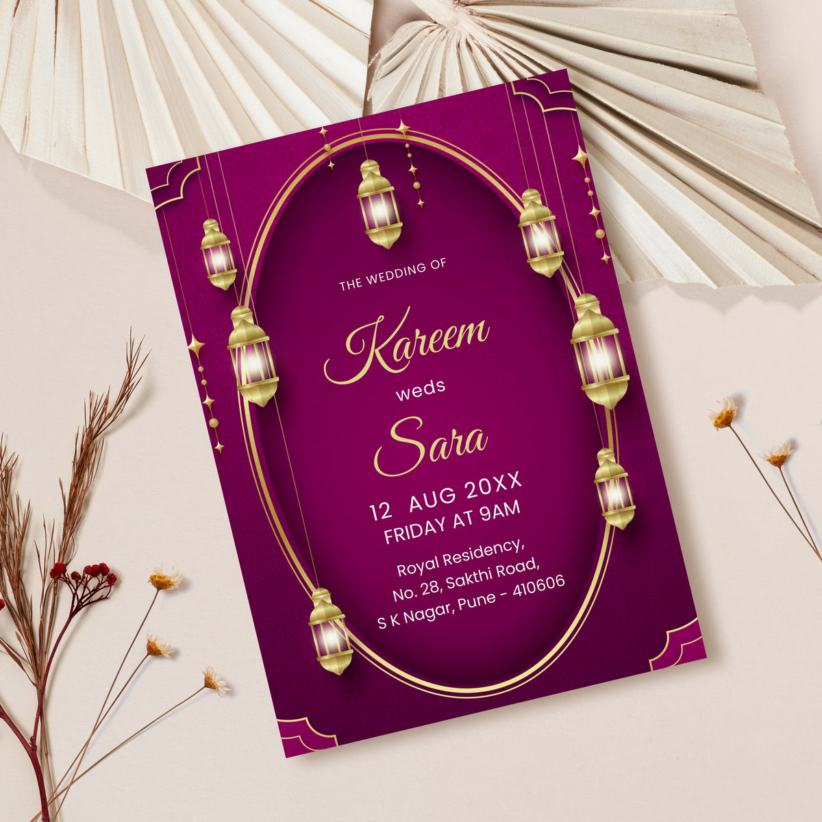 Burgundy Hanging Lautner Wedding Invitation Template, Printable Invitation, Evite, Digital Wedding Invite, – W194