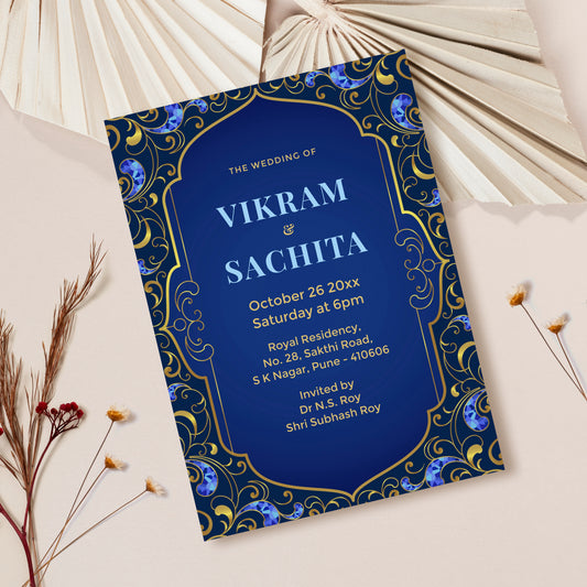 Blue Gold Palette Wedding Invitation Template, Printable Invitation, Evite, Digital Wedding Invite, – W081