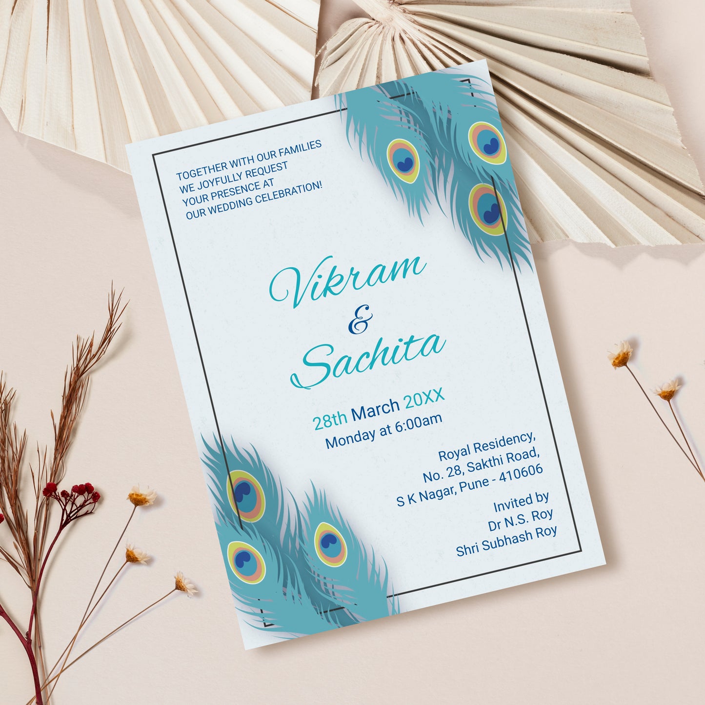Arctic Peacock Wedding Invitation Template, Printable Invitation, Evite, Digital Wedding Invite,  – W071