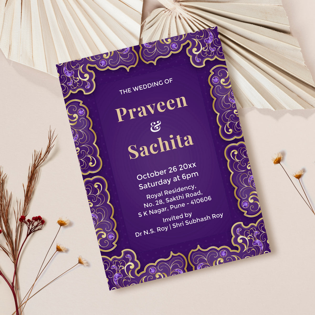 Purple Gold Palette Wedding Invitation Template, Printable Invitation, Evite, Digital Wedding Invite, – W078