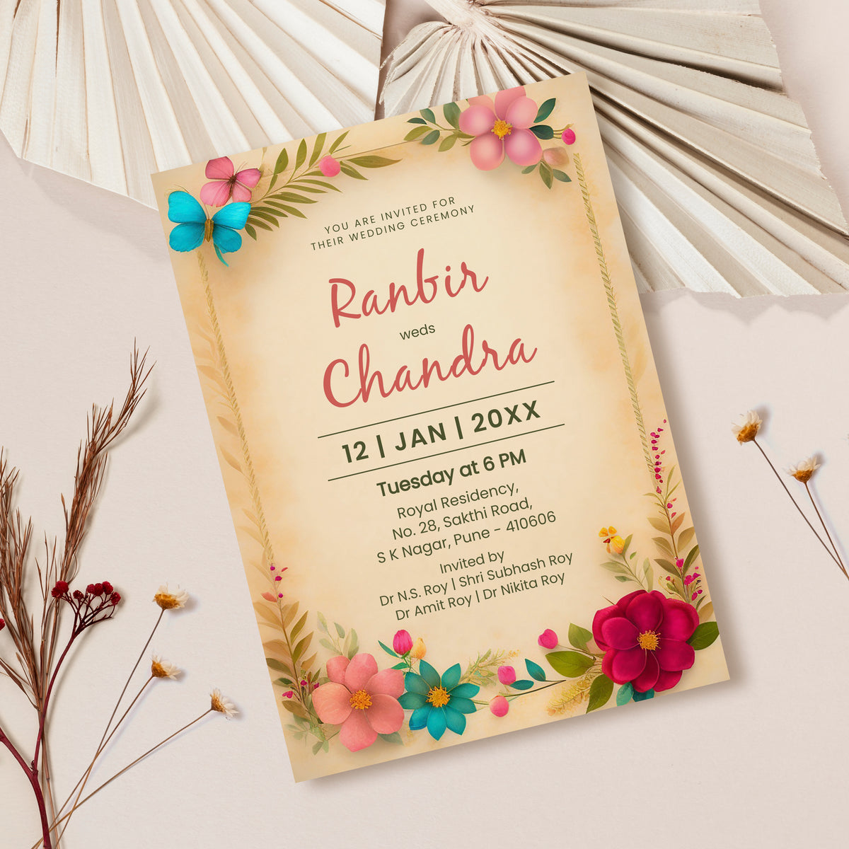 Elegant Woody Floral Wedding Invitation Template, Printable Invitation, Evite, Digital Wedding Invite,  – W050