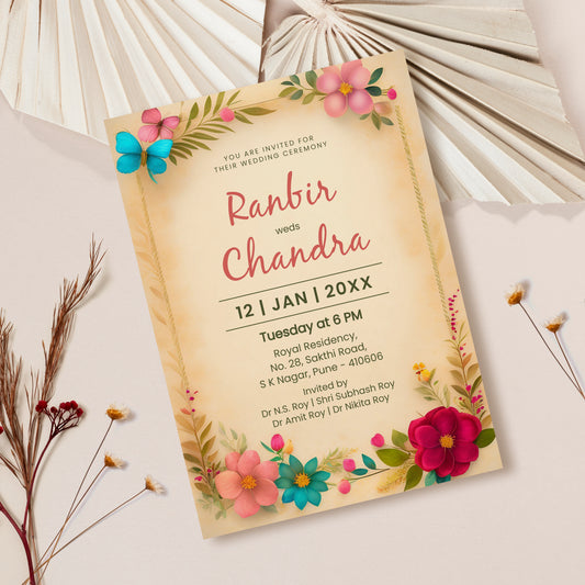 Elegant Woody Floral Wedding Invitation Template, Printable Invitation, Evite, Digital Wedding Invite,  – W050