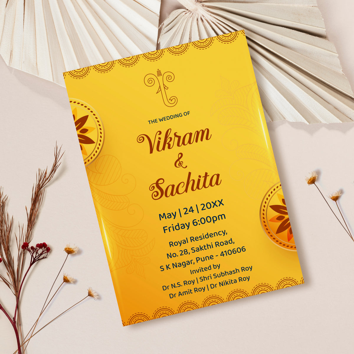 Indian Traditional Wedding Invitation Template, Printable Invitation, Yellow, Evite, Digital Wedding Invite, Edit yourself, Corjl – WI0006