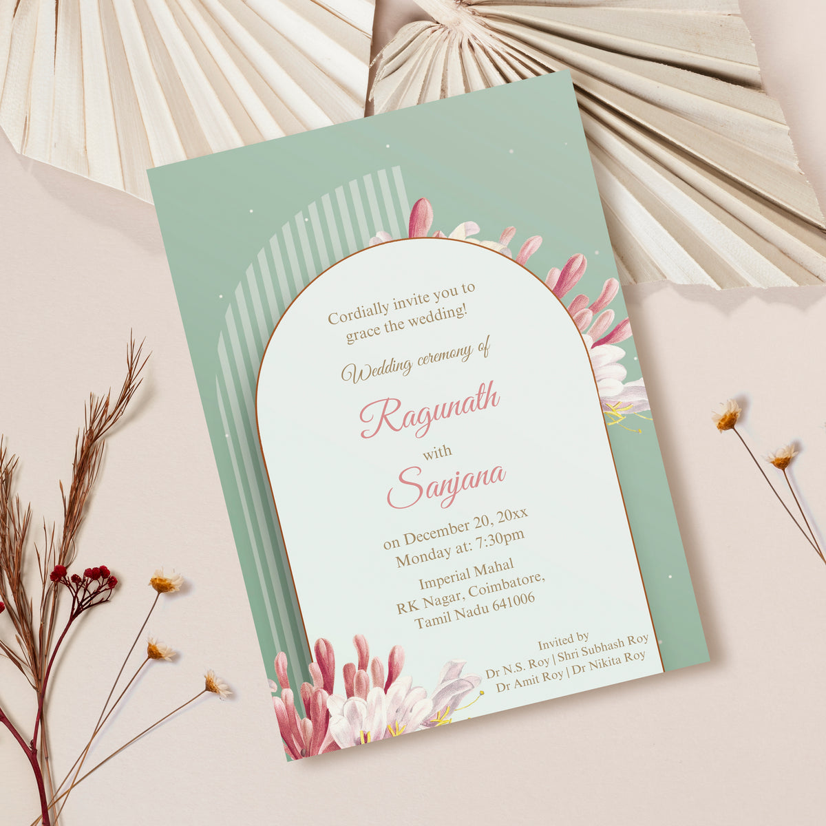 Elegant Green Arch Wedding Invitation Template, Printable Invitation, Evite, Digital Wedding Invite, Edit yourself, Corjl – WI0008
