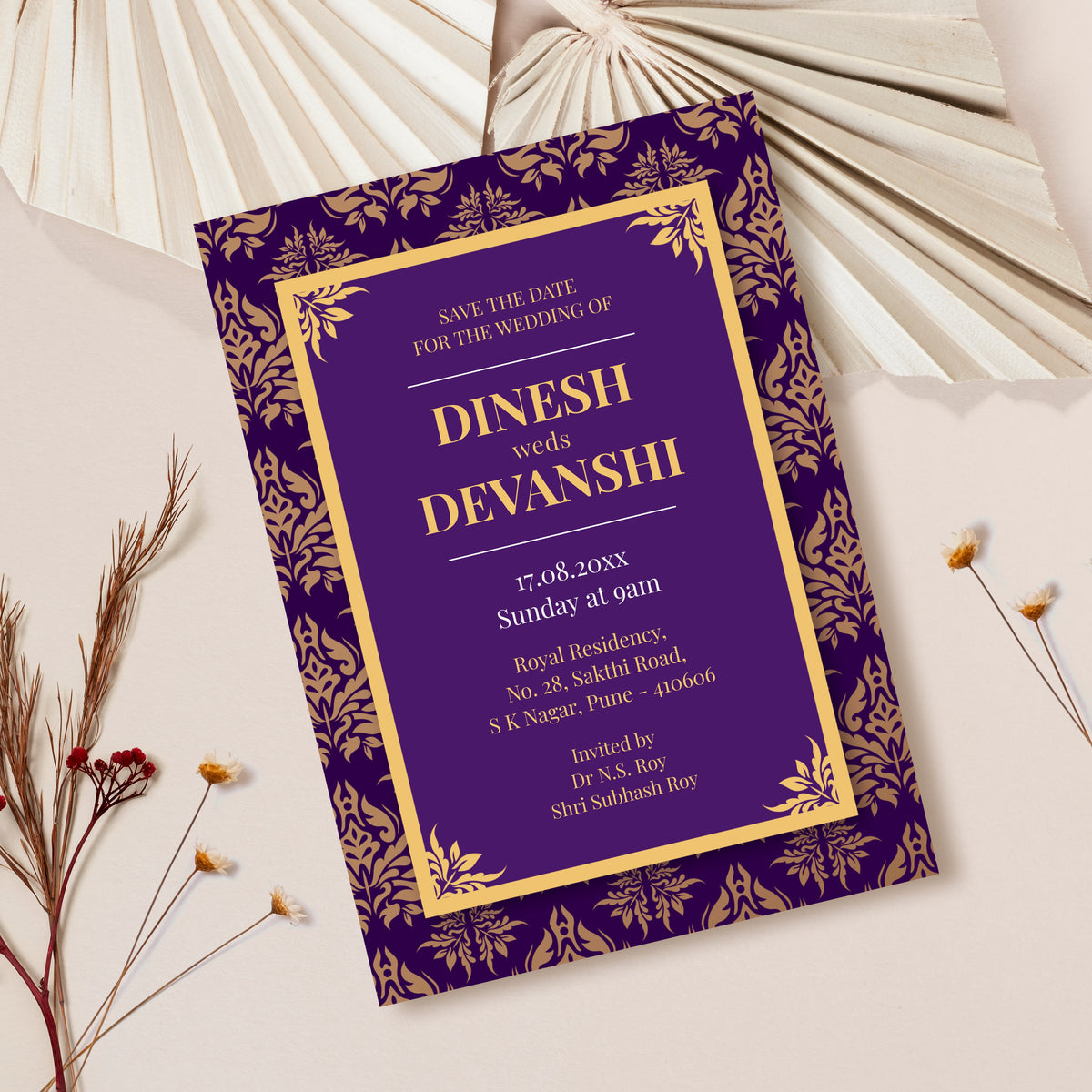 Purple Gold Floral Wedding Invitation Template, Printable Invitation, Evite, Digital Wedding Invite,  – W066