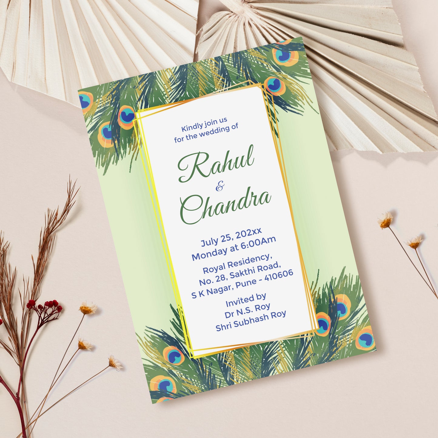 Green Peacock Coverts Wedding Invitation Template, Printable Invitation, Evite, Digital Wedding Invite,  – W075