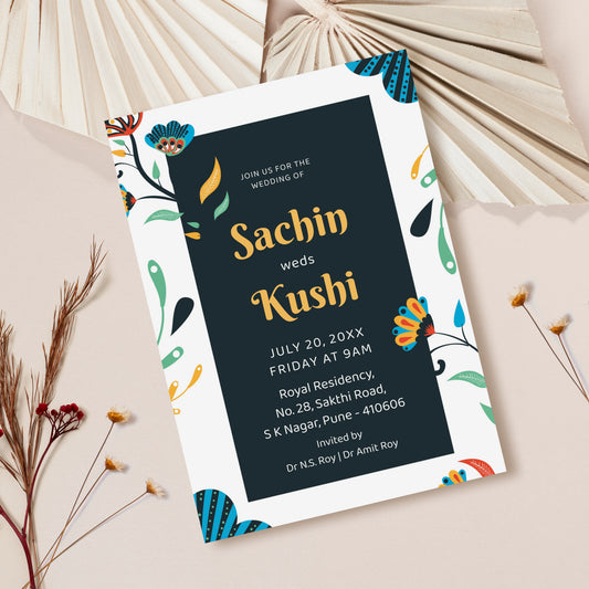Green Blue Floral Wedding Invitation Template, Printable Invitation, Evite, Digital Wedding Invite,  – W193