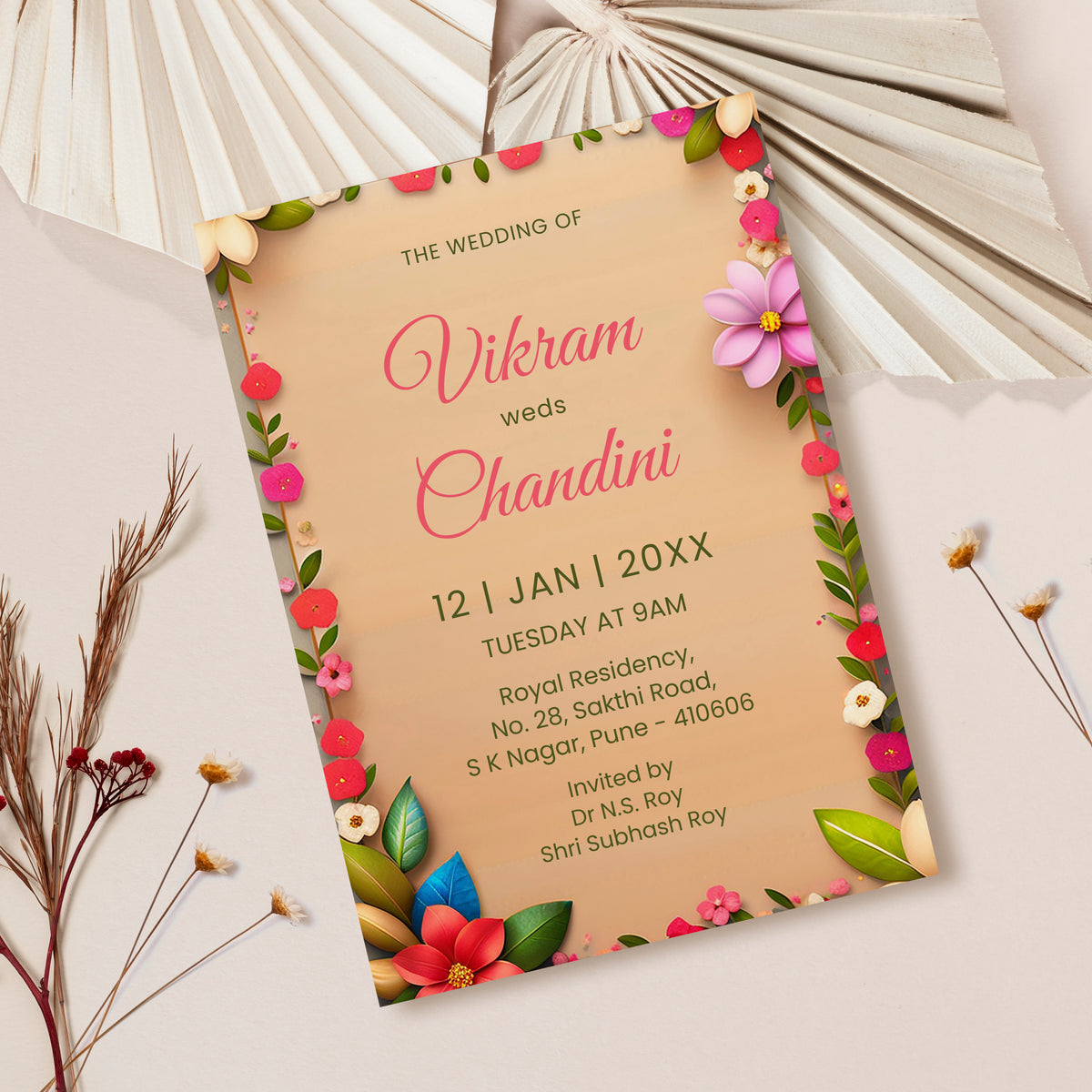 Woody Flower Floral Wedding Invitation Template, Printable Invitation, Evite, Digital Wedding Invite, – W179