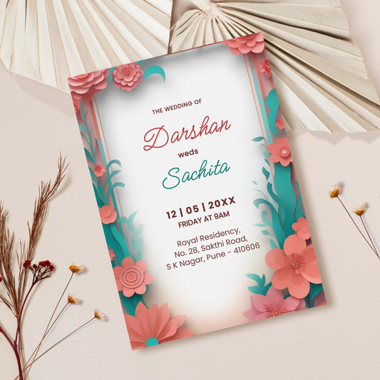 Modern Floral Wedding Invitation Template, Printable Invitation, Green, Sandstone, Evite, Digital Wedding Invite, – W131