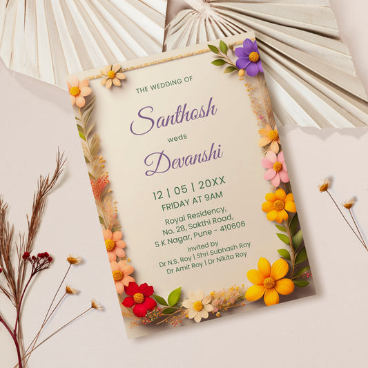 Purple Yellow Floral Wedding Invitation Template, Printable Invitation, Evite, Digital Wedding Invite,  – W174