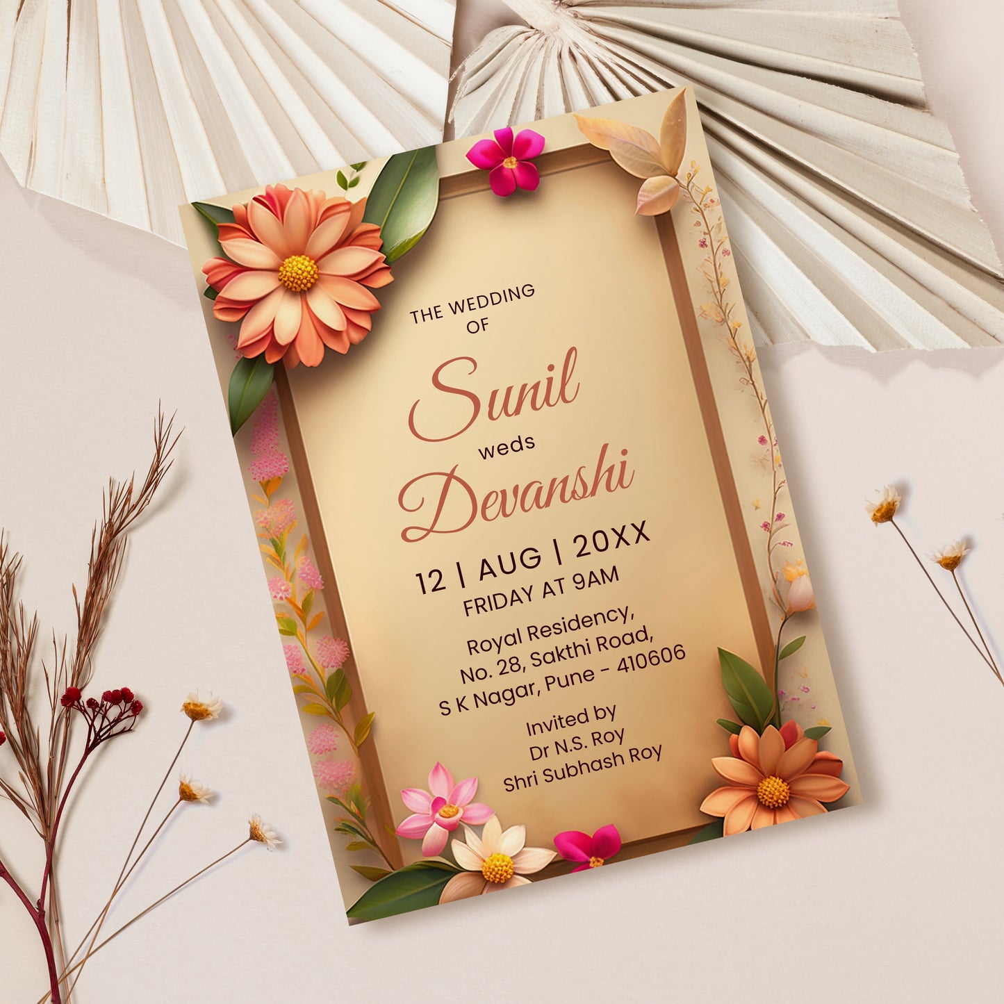 Daisy Woody Palette Wedding Invitation Template, Printable Invitation, Evite, Digital Wedding Invite, – W183
