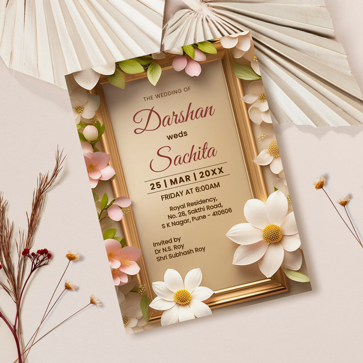 Floral Gold Wedding Invitation Template, Printable Invitation, Evite, Brown, Green, Digital Wedding Invite, – W129