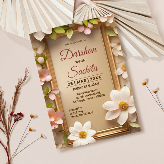 Floral Gold Wedding Invitation Template, Printable Invitation, Evite, Brown, Green, Digital Wedding Invite, – W129