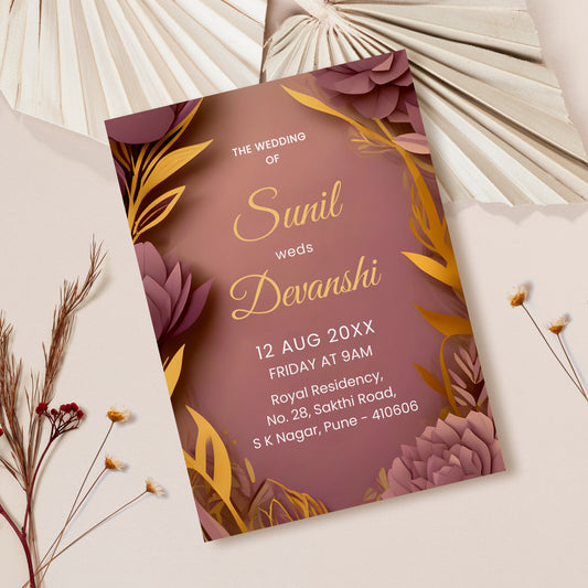 Elegant Brown Gold Palette Wedding Invitation Template, Printable Invitation, Evite, Digital Wedding Invite,  – W132
