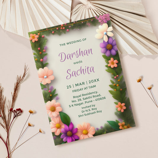 Purple Green Floral Wedding Invitation Template, Printable Invitation, Evite, Digital Wedding Invite,  – W181
