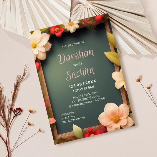 Floral Green Wedding Invitation Template, Printable Invitation, Evite, Digital Wedding Invite, – W130