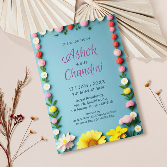 Sky Blue Flower Floral Wedding Invitation Template, Printable Invitation, Evite, Digital Wedding Invite, – W180