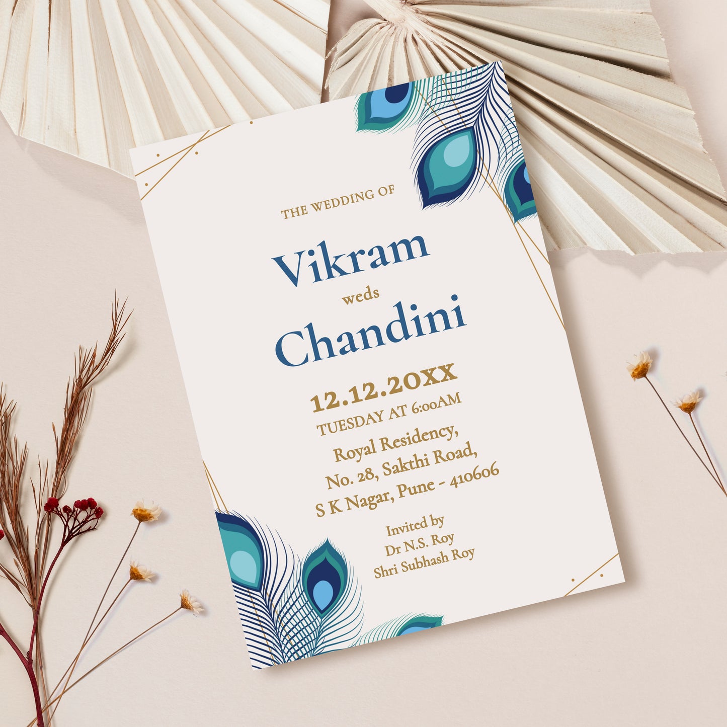 Blue Peacock Coverts Wedding Invitation Template, Printable Invitation, Evite, Digital Wedding Invite,  – W189