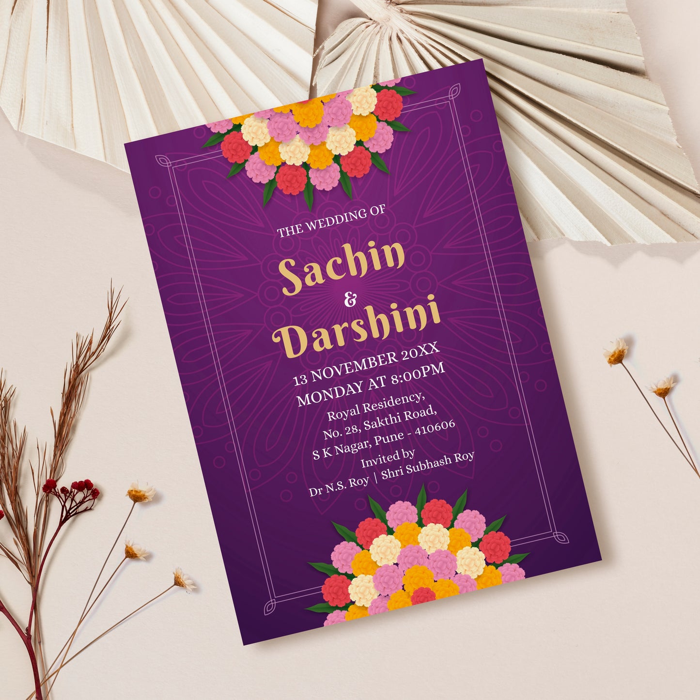 Marigold Pink Floral Wedding Invitation Template, Printable Invitation, Evite, Digital Wedding Invite,  – W080