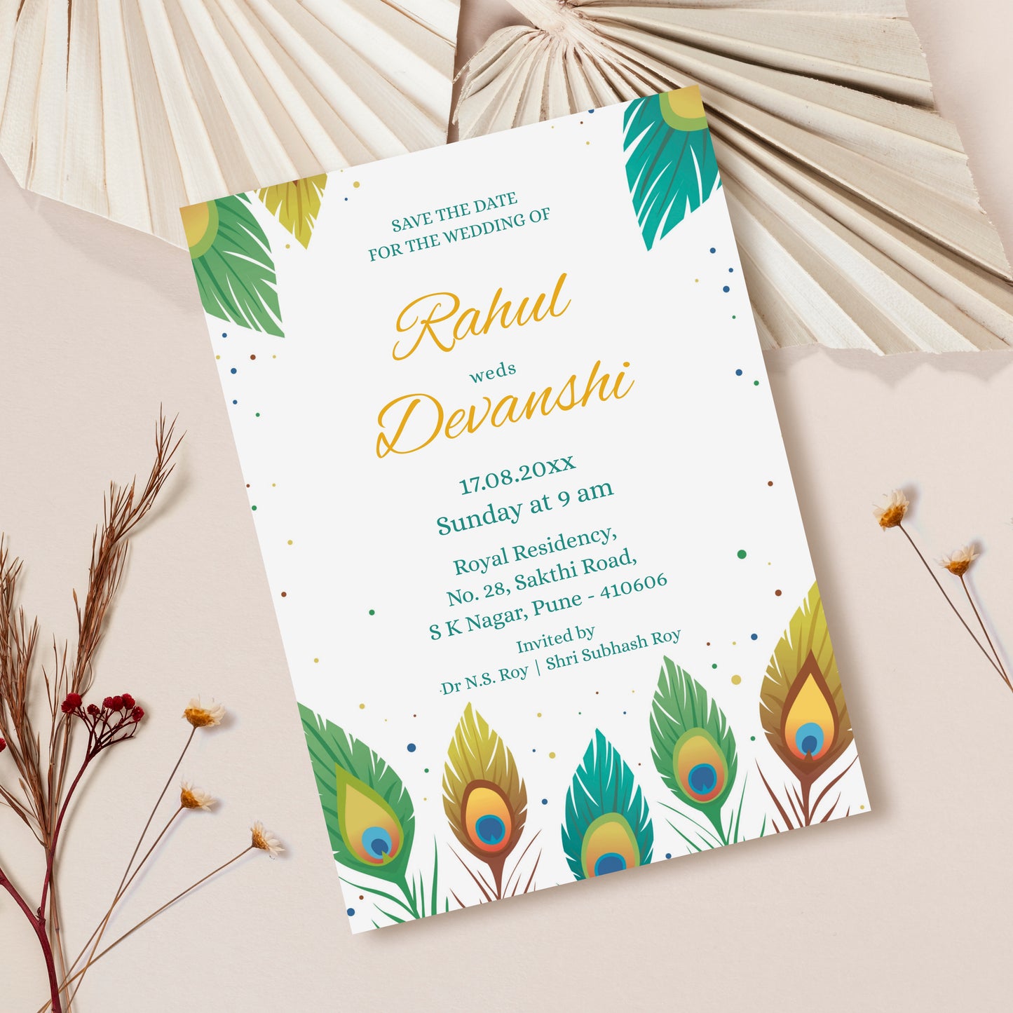 Green Peacock Wedding Invitation Template, Printable Invitation, Evite, Digital Wedding Invite, Edit yourself, Corjl – WI0067