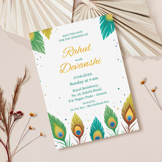 Green Peacock Wedding Invitation Template, Printable Invitation, Evite, Digital Wedding Invite, Edit yourself, Corjl – WI0067