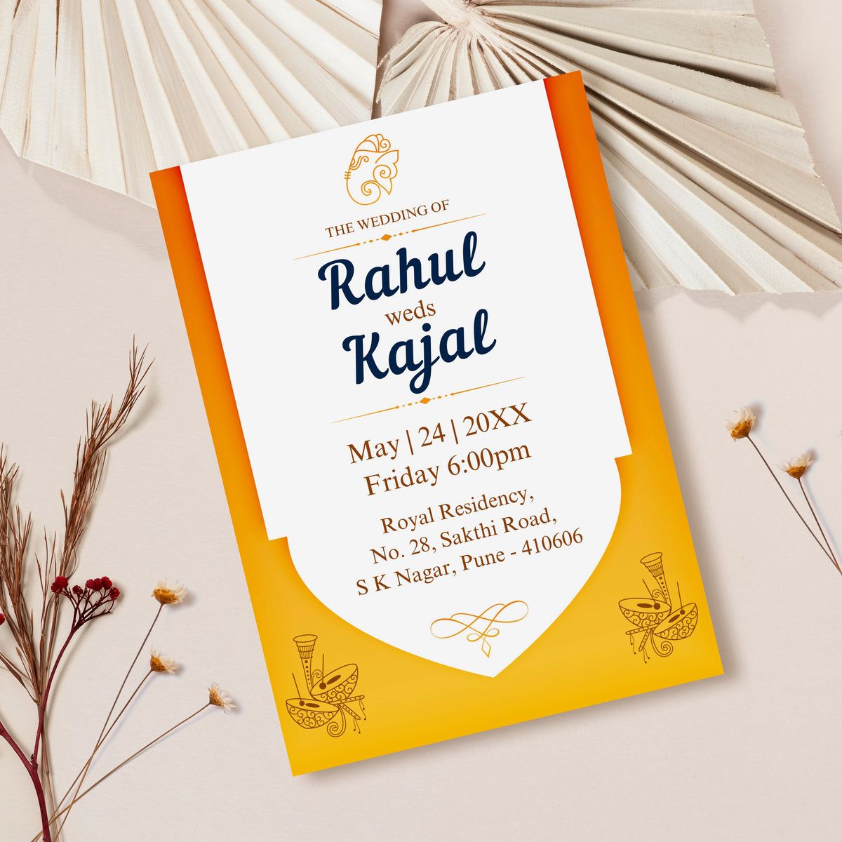 Indian Yellow Traditional Wedding Invitation Template, Printable Invitation, Evite, Digital Wedding Invite, – W049