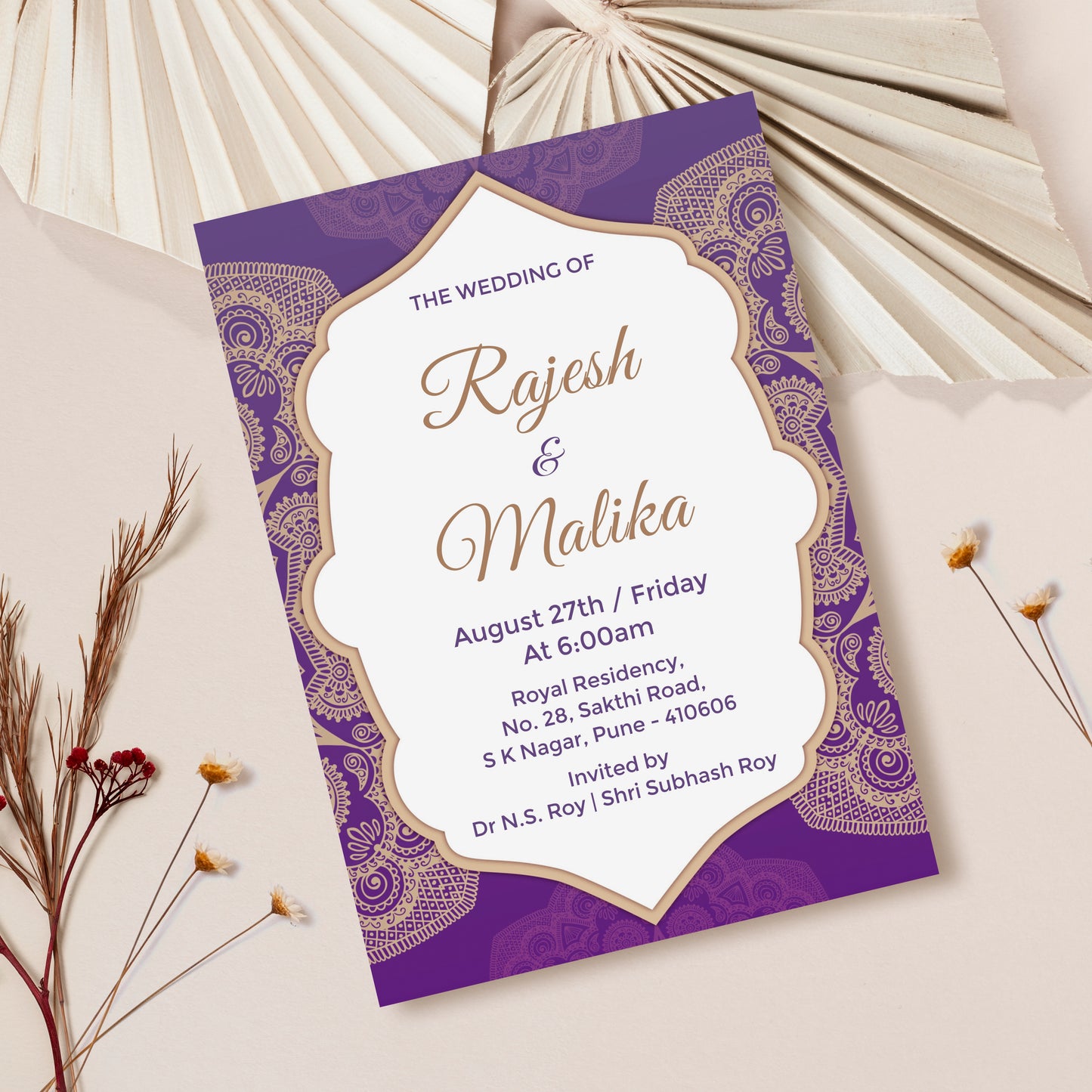 Elegant Purple Wedding Invitation Template, Printable Invitation, Evite, Digital Wedding Invite,  – W077