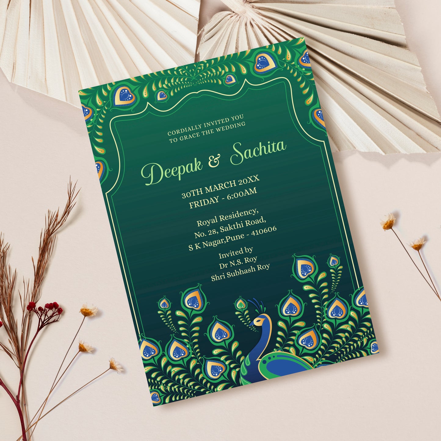 Green Peacock Wedding Invitation Template, Printable Invitation, Evite, Digital Wedding Invite,  – W086