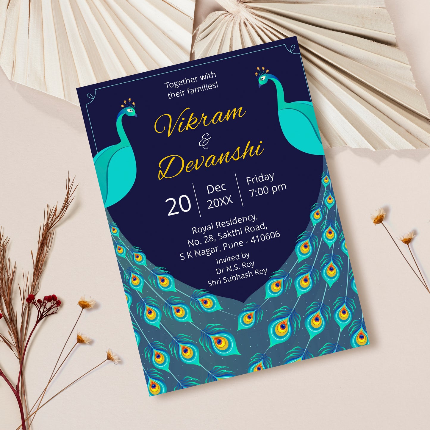 Sapphire Blue Peacock Wedding Invitation Template, Printable Invitation, Evite, Digital Wedding Invite,  – W079