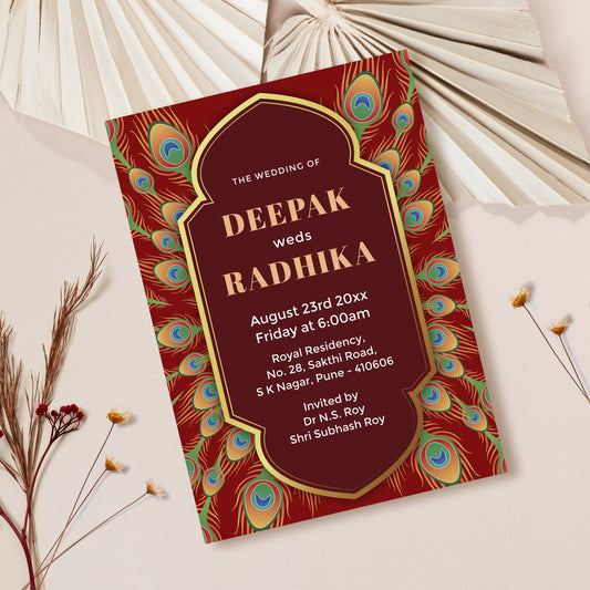 Burgundy Peacock Golden Coverts Wedding Invitation Template, Printable Invitation, Evite, Digital Wedding Invite,  – W073