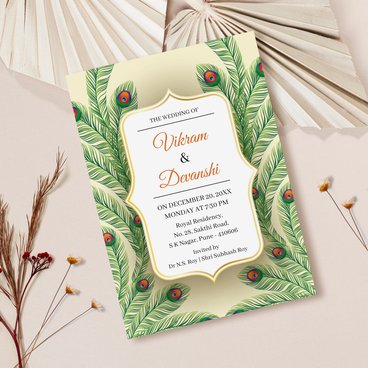 Green Peacock Coverts Wedding Invitation Template, Printable Invitation, Evite, Digital Wedding Invite, – W069