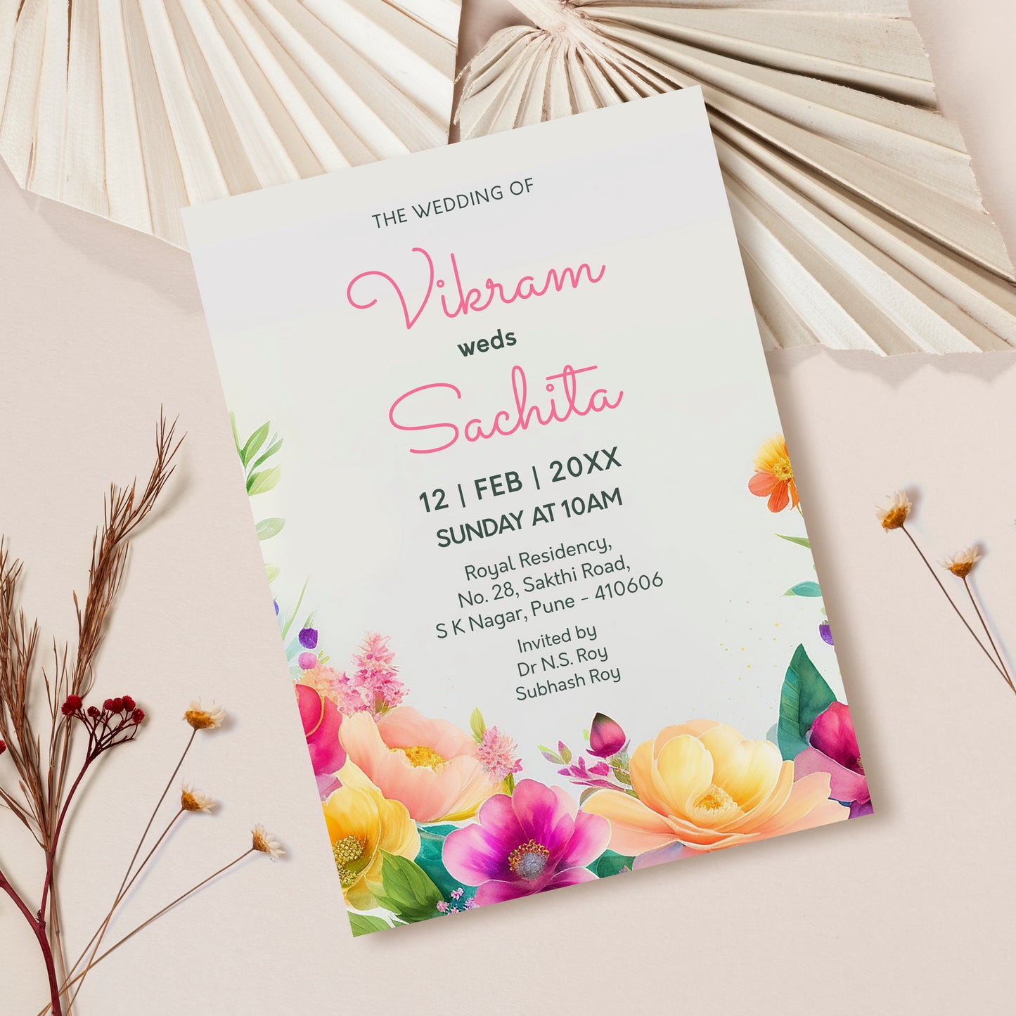 Watercolour Flower Wedding Invitation Template, Printable Invitation, Evite, Digital Wedding Invite, – W168