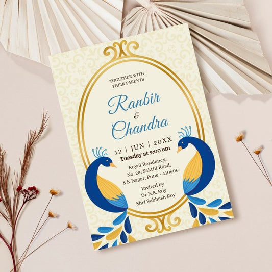 Blue Peacock Floral Wedding Invitation Template, Printable Invitation, Evite, Digital Wedding Invite,  – W074