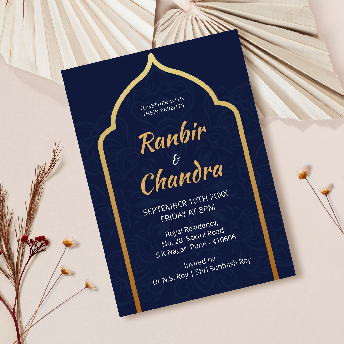 Blue Gold Arch Wedding Invitation Template, Printable Invitation, Evite, Digital Wedding Invite, – W083