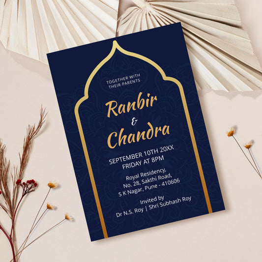 Blue Gold Arch Wedding Invitation Template, Printable Invitation, Evite, Digital Wedding Invite, – W083