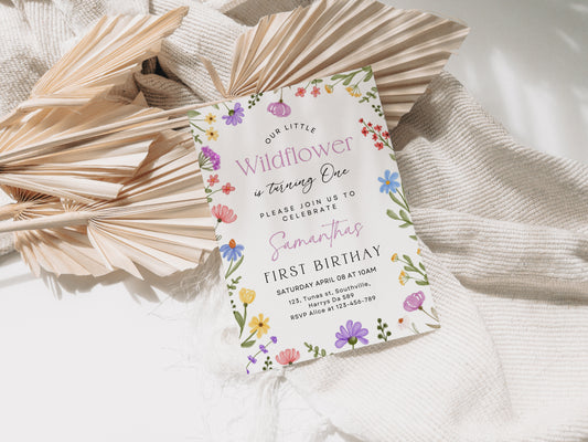 Wild Flowers Birthday Invitation, Wildflowers, Girl First Birthday Invitation, Editable Wild Floral, Garden Birthday, Instant Download 0352