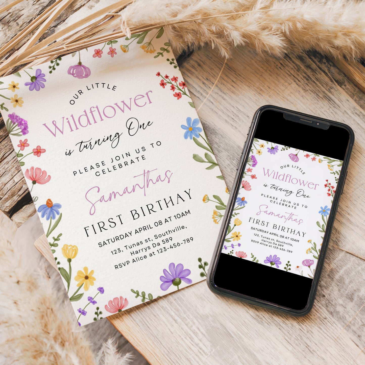 Wild Flowers Birthday Invitation, Wildflowers, Girl First Birthday Invitation, Editable Wild Floral, Garden Birthday, Instant Download 0352