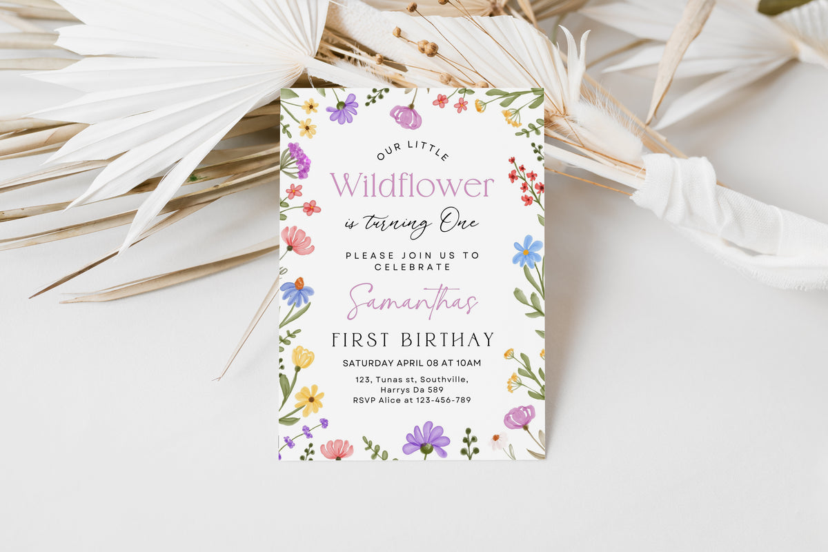 Wild Flowers Birthday Invitation, Wildflowers, Girl First Birthday Invitation, Editable Wild Floral, Garden Birthday, Instant Download 0352
