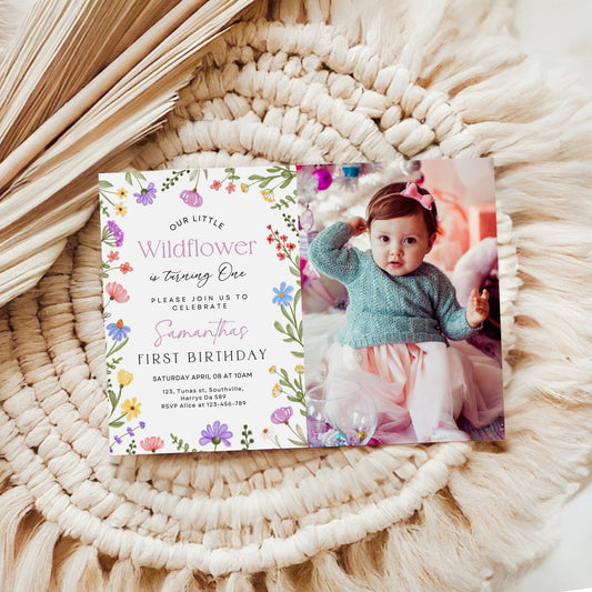 Girls First Birthday Invitation, Wildflower Invitation with Photo, Girls 1st Birthday Flower Invite, Garden Party Printable Invite, 0352