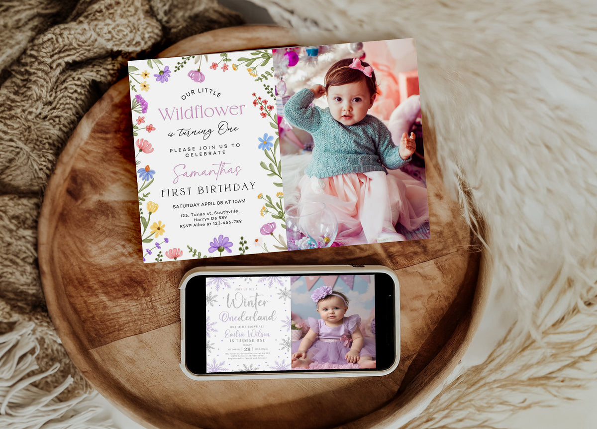 Girls First Birthday Invitation, Wildflower Invitation with Photo, Girls 1st Birthday Flower Invite, Garden Party Printable Invite, 0352