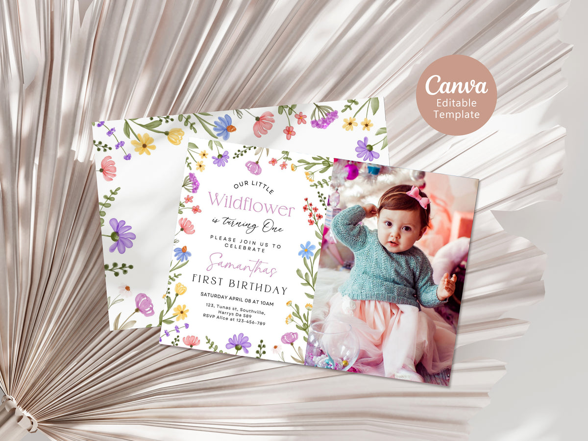 Girls First Birthday Invitation, Wildflower Invitation with Photo, Girls 1st Birthday Flower Invite, Garden Party Printable Invite, 0352