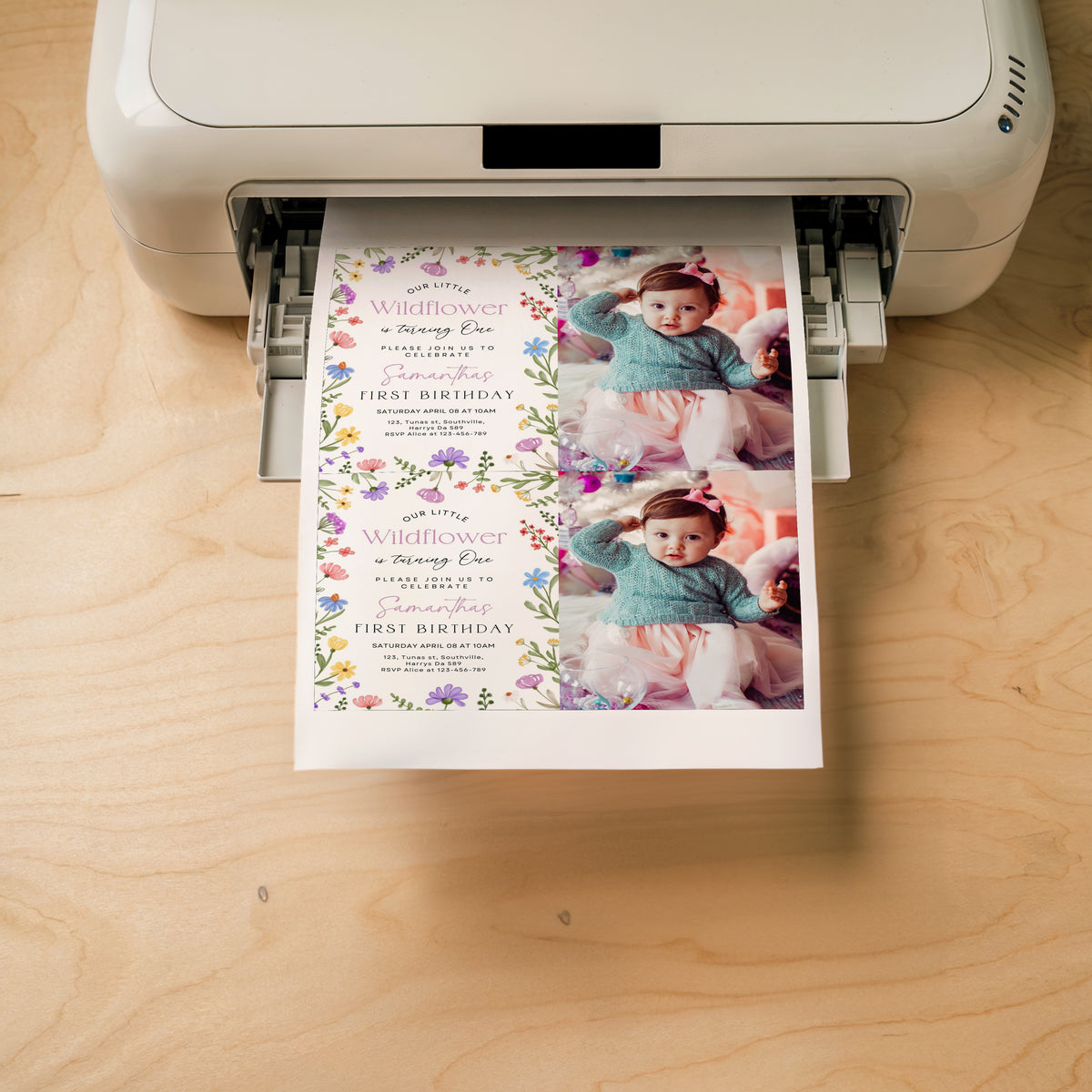 Girls First Birthday Invitation, Wildflower Invitation with Photo, Girls 1st Birthday Flower Invite, Garden Party Printable Invite, 0352