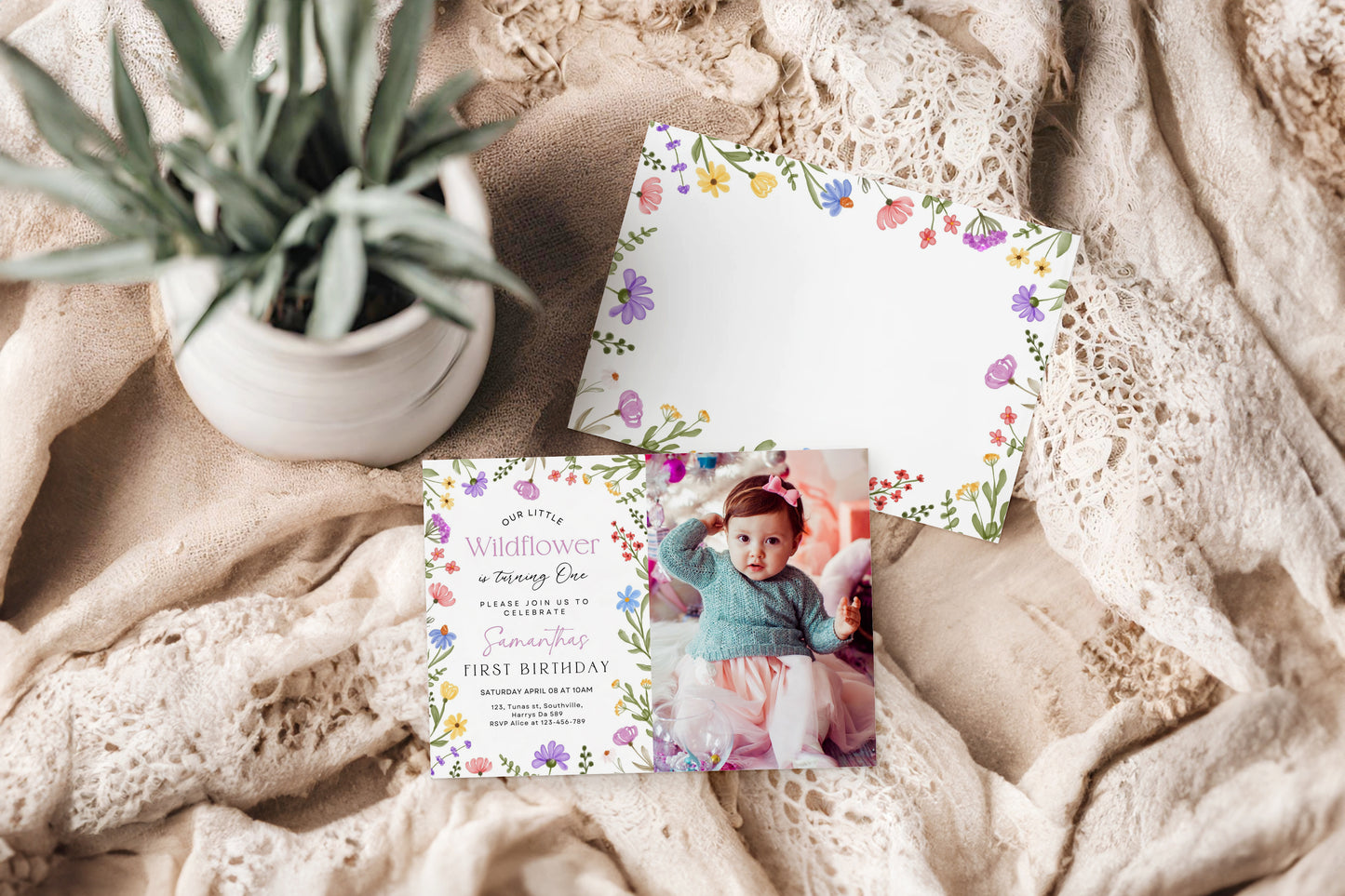 Girls First Birthday Invitation, Wildflower Invitation with Photo, Girls 1st Birthday Flower Invite, Garden Party Printable Invite, 0352