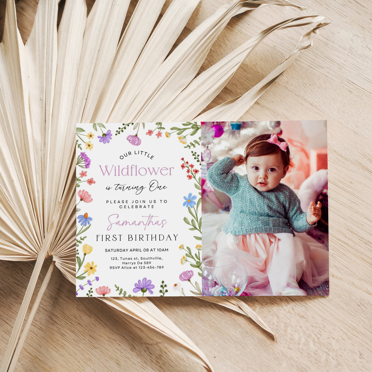 Girls First Birthday Invitation, Wildflower Invitation with Photo, Girls 1st Birthday Flower Invite, Garden Party Printable Invite, 0352