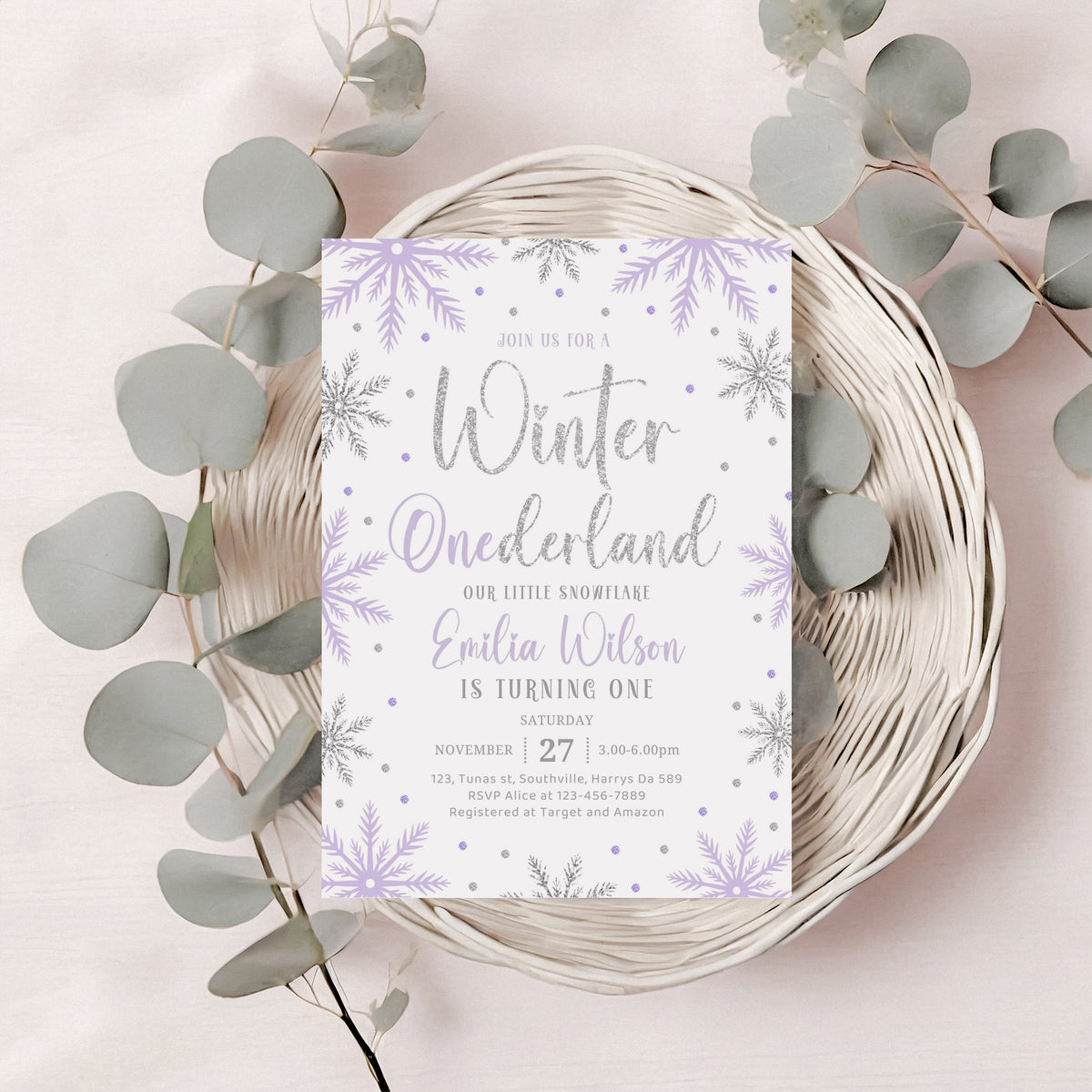Winter Onederland First Birthday Invite Winter Onederland Invite 1st Christmas Birthday Girl Snowflake Birthday Purple Silver Canva 0668