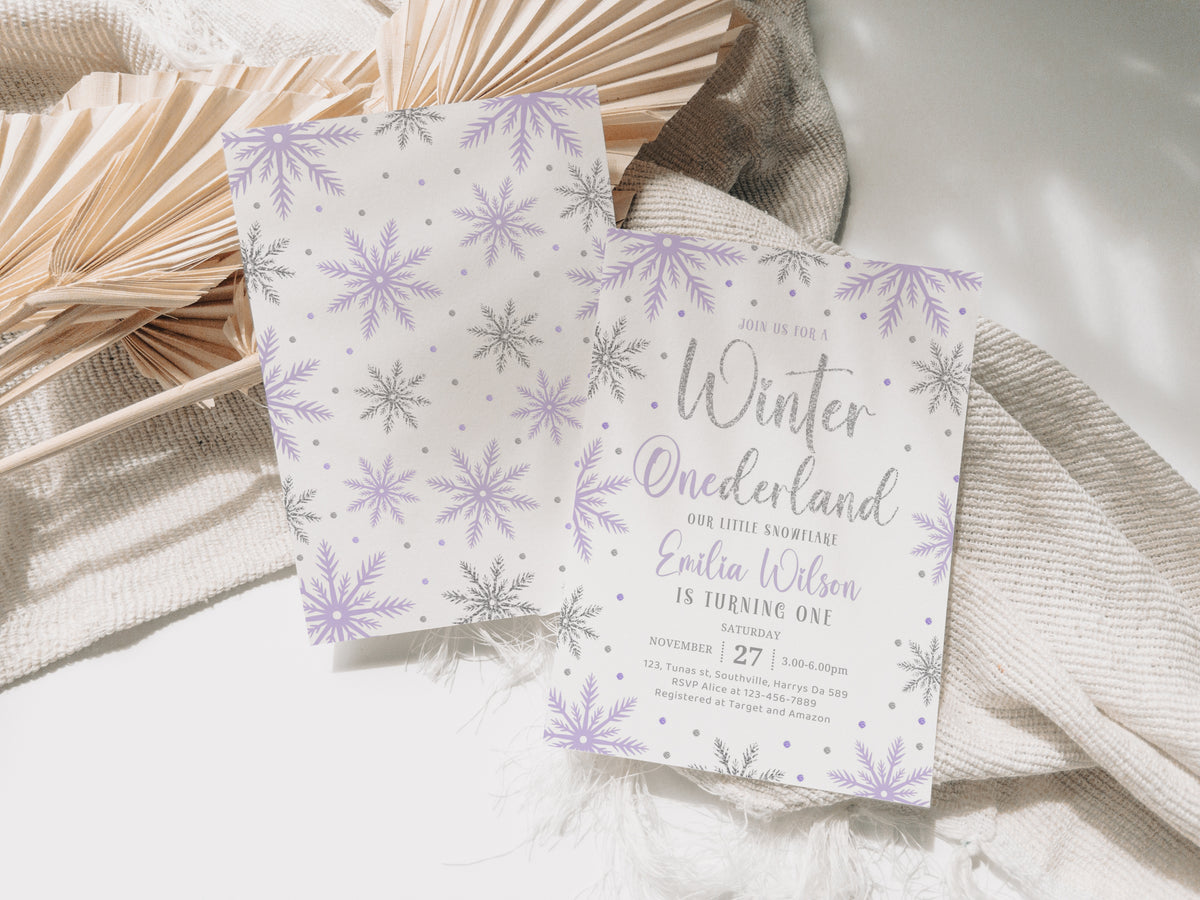 Winter Onederland First Birthday Invite Winter Onederland Invite 1st Christmas Birthday Girl Snowflake Birthday Purple Silver Canva 0668