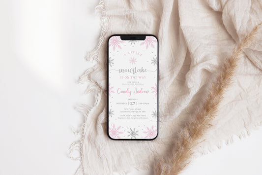 Editable Snowflake baby shower invitation, A little snowflake is on the way, Girl Winter invites, Phone Evite Text, Digital Download 0422